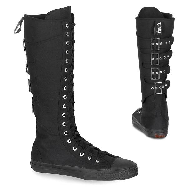 Demonia Women's Deviant-303 Knee High Sneakers - Black Canvas D3791-65US Clearance